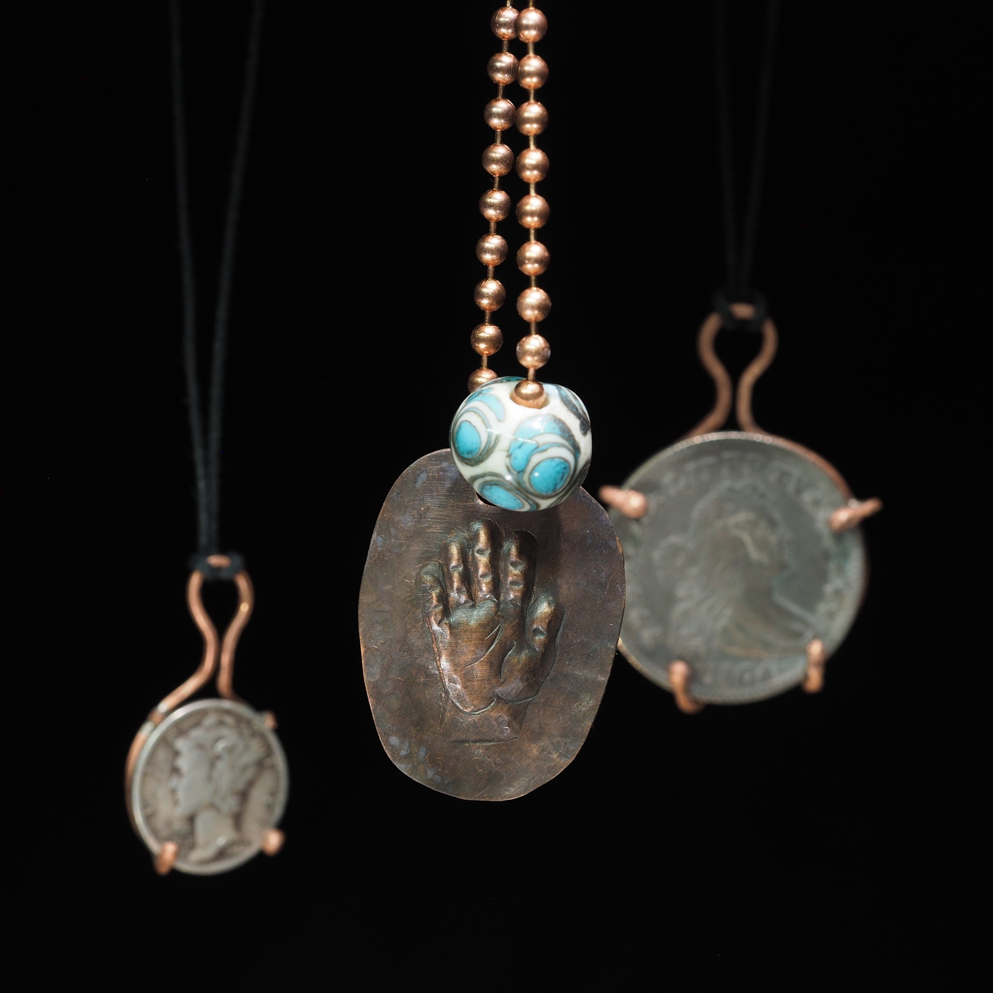 "Open Hand Many Eyes" Protective Dog Tag Amulet, Ivory and Teal I