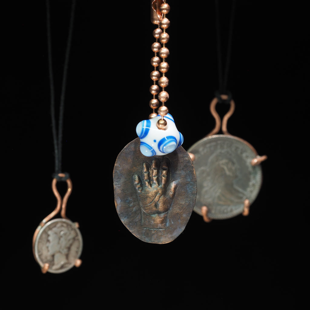 "Open Hand Many Eyes" Protective Dog Tag Amulet, White and Blue I