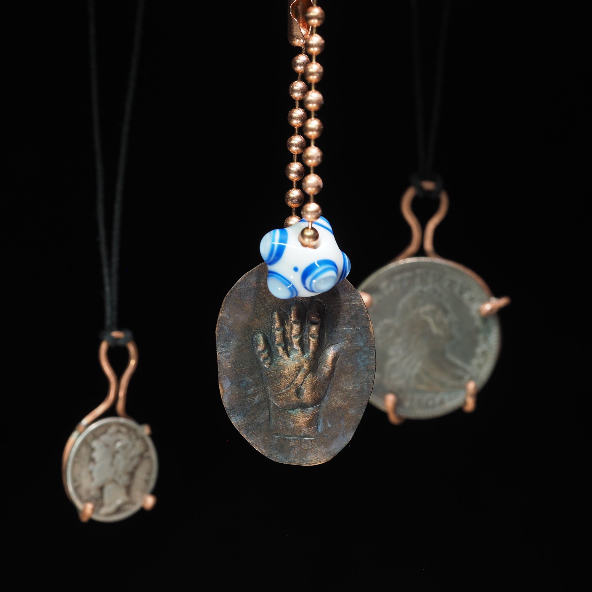 "Open Hand Many Eyes" Protective Dog Tag Amulet, White and Blue I