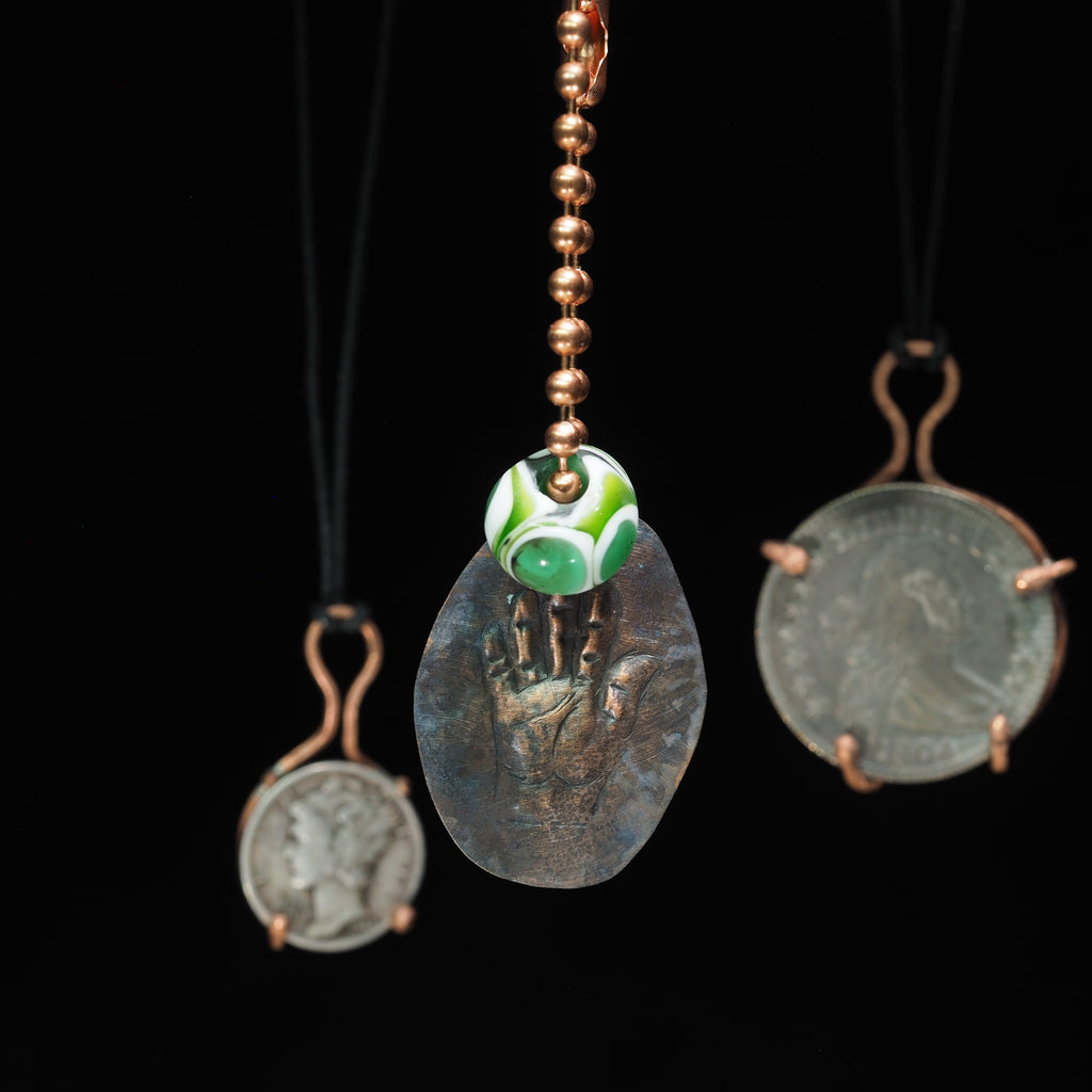 "Open Hand Many Eyes" Protective Dog Tag Amulet, White and Green I
