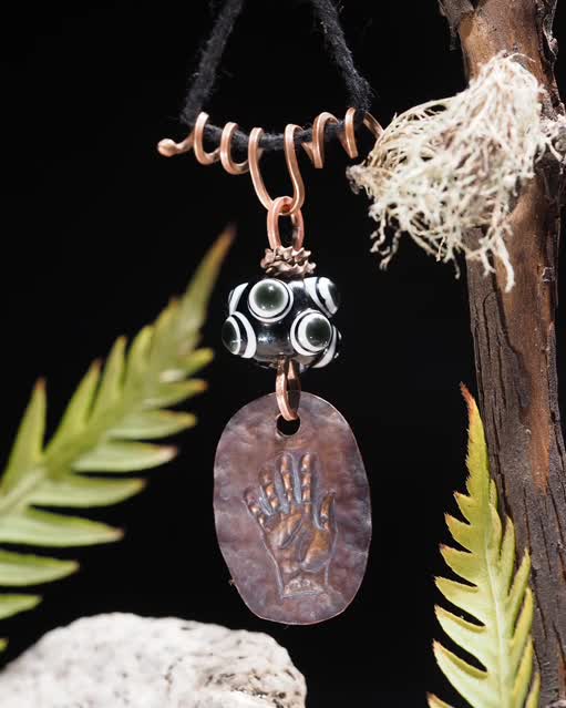 "Open Hand Many Eyes" Protective Amulet, Black and White I