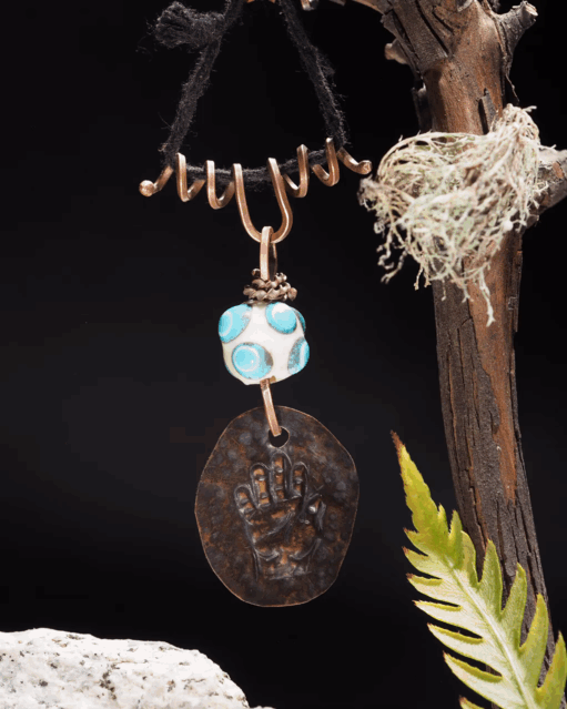 "Open Hand Many Eyes" Protective Amulet, Ivory and Teal I