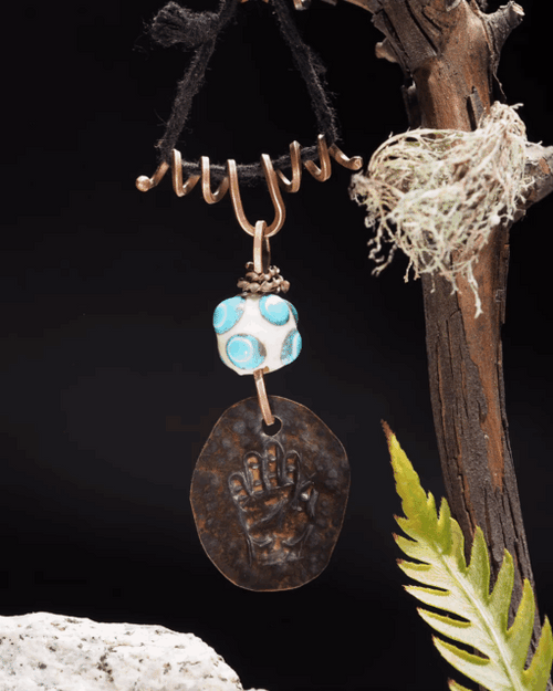 "Open Hand Many Eyes" Protective Amulet, Ivory and Teal I