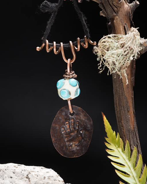 "Open Hand Many Eyes" Protective Amulet, Ivory and Teal I