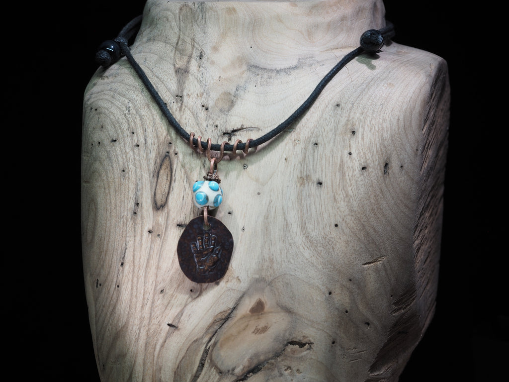 "Open Hand Many Eyes" Protective Amulet, Ivory and Teal I