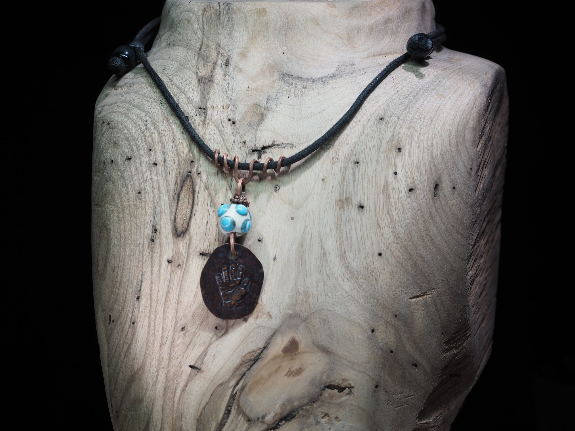"Open Hand Many Eyes" Protective Amulet, Ivory and Teal I