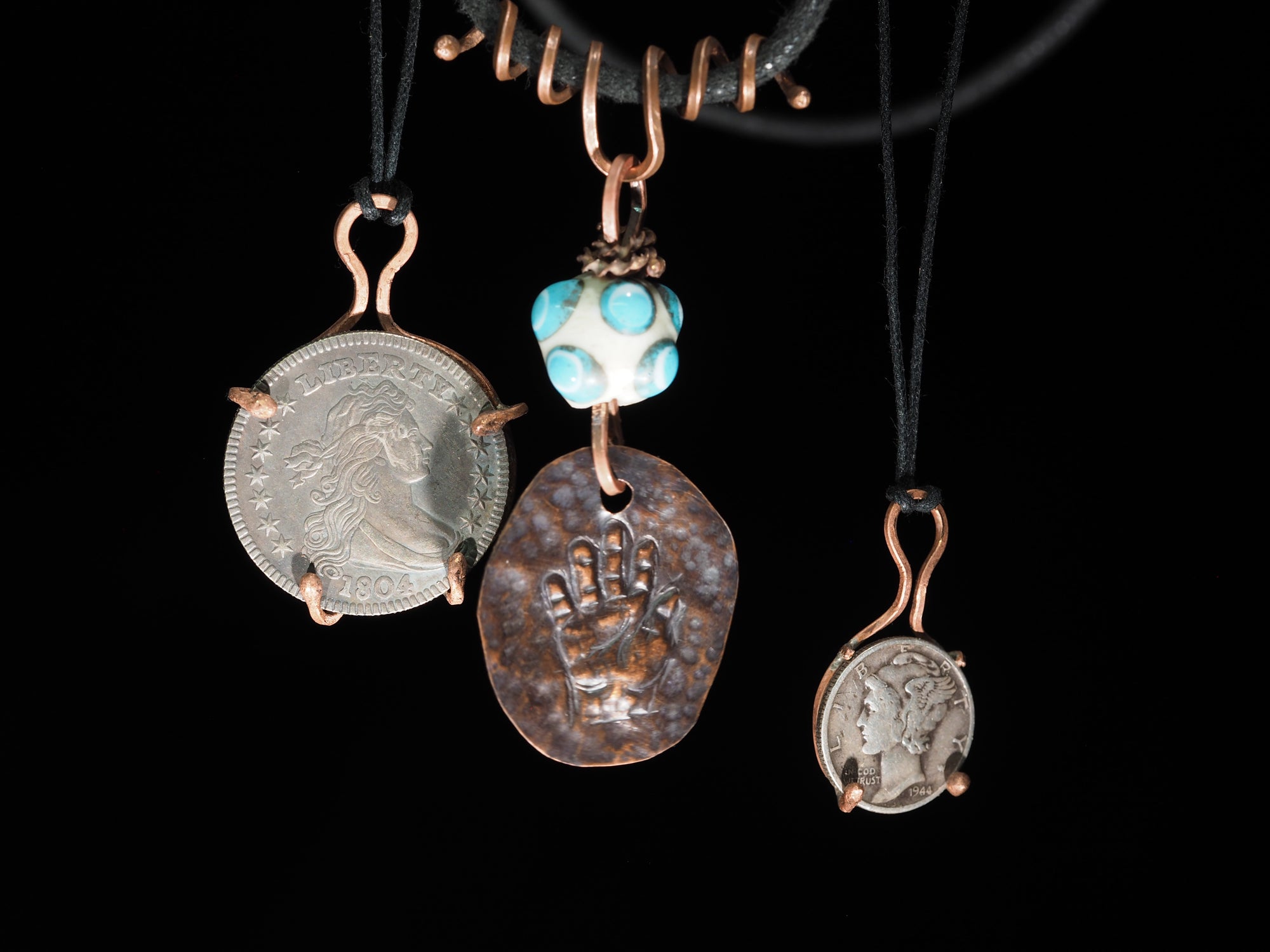 "Open Hand Many Eyes" Protective Amulet, Ivory and Teal I