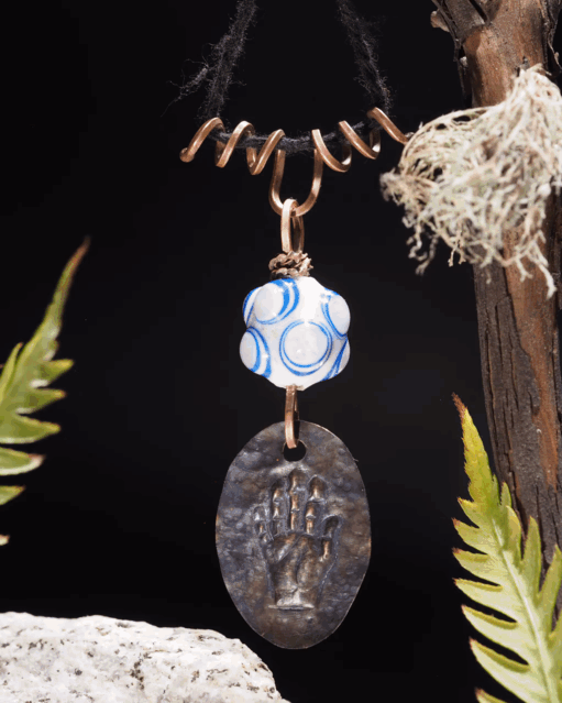 "Open Hand Many Eyes" Protective Amulet, White and Blue I
