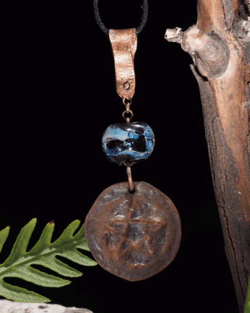 Handmade Copper Pentagram Pentacle Pendant, Black Glass Bead I