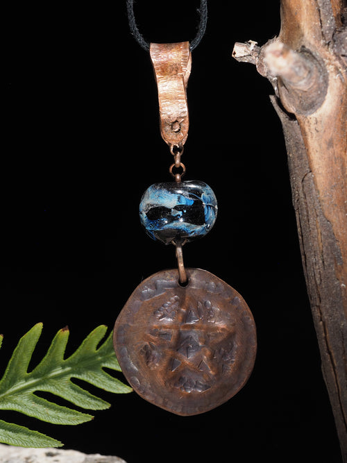 Handmade Copper Pentagram Pentacle Pendant, Black Glass Bead I