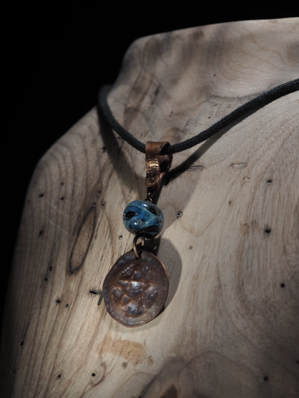 Handmade Copper Pentagram Pentacle Pendant, Black Glass Bead I