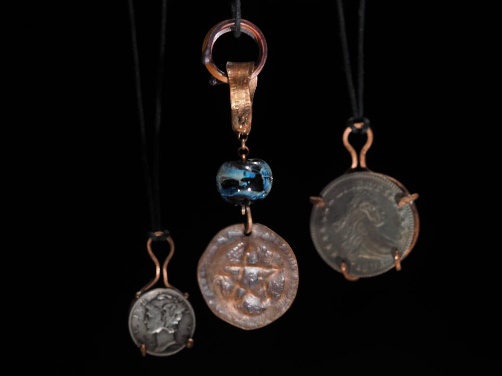 Handmade Copper Pentagram Pentacle Pendant, Black Glass Bead I