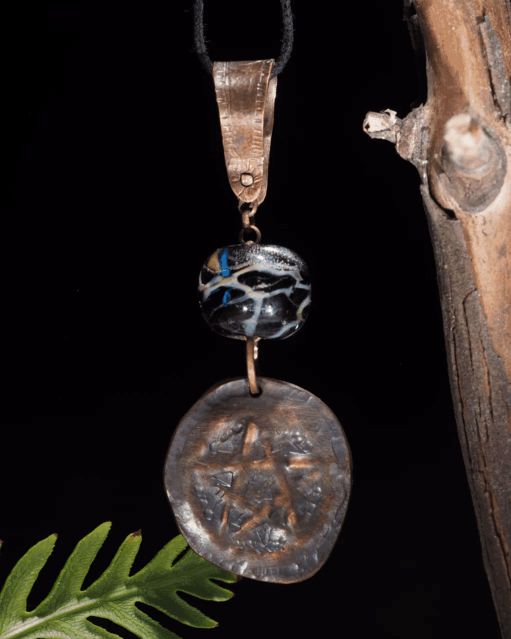 Handmade Copper Pentagram Pentacle Pendant, Black Glass Bead II