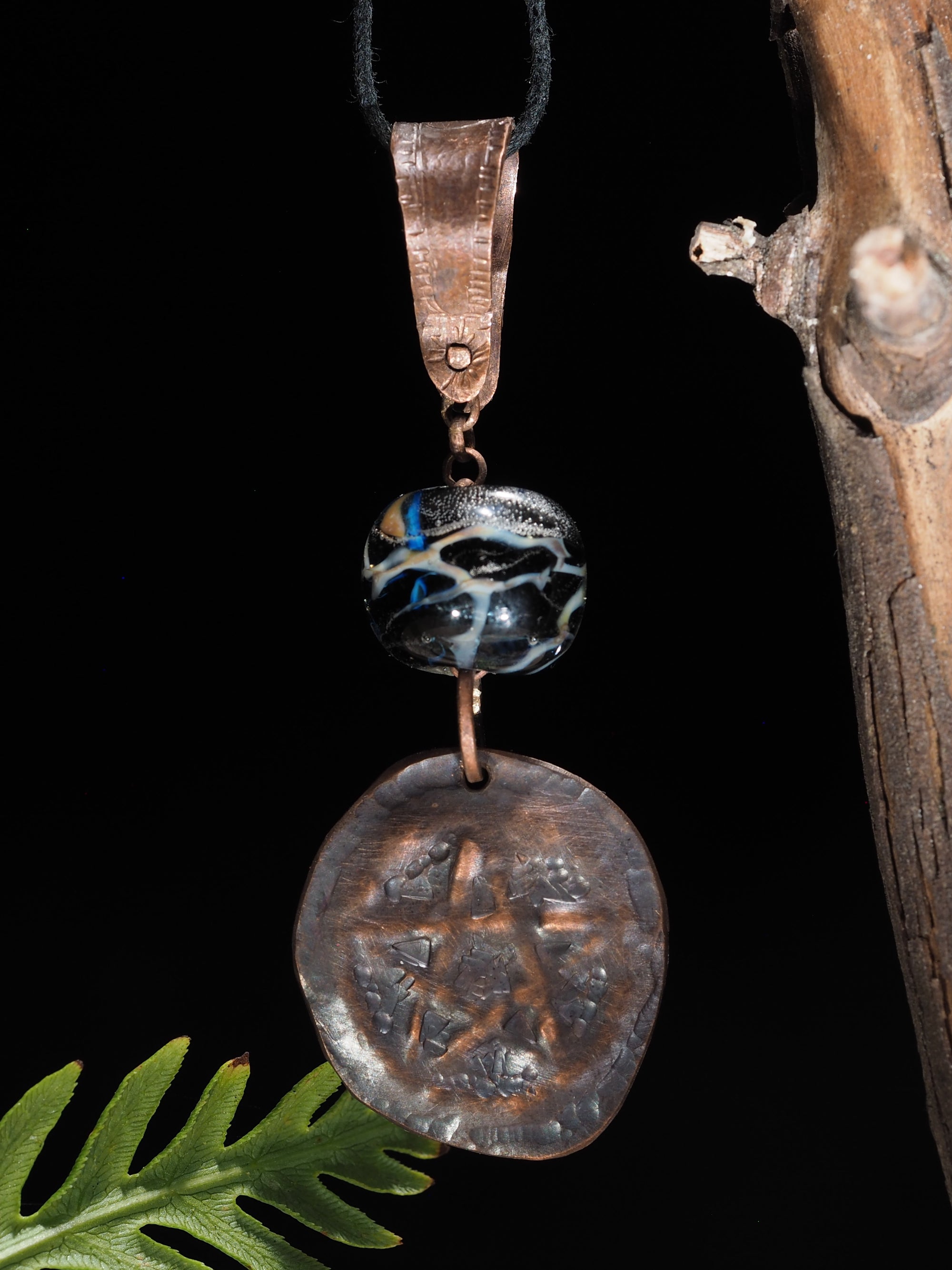 Handmade Copper Pentagram Pentacle Pendant, Black Glass Bead II