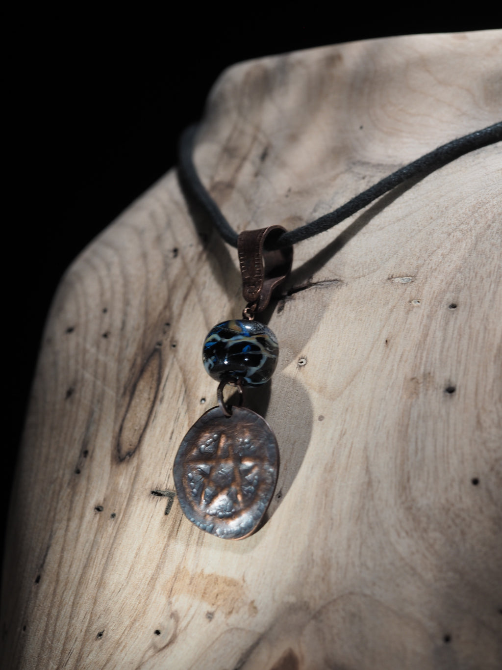 Handmade Copper Pentagram Pentacle Pendant, Black Glass Bead II