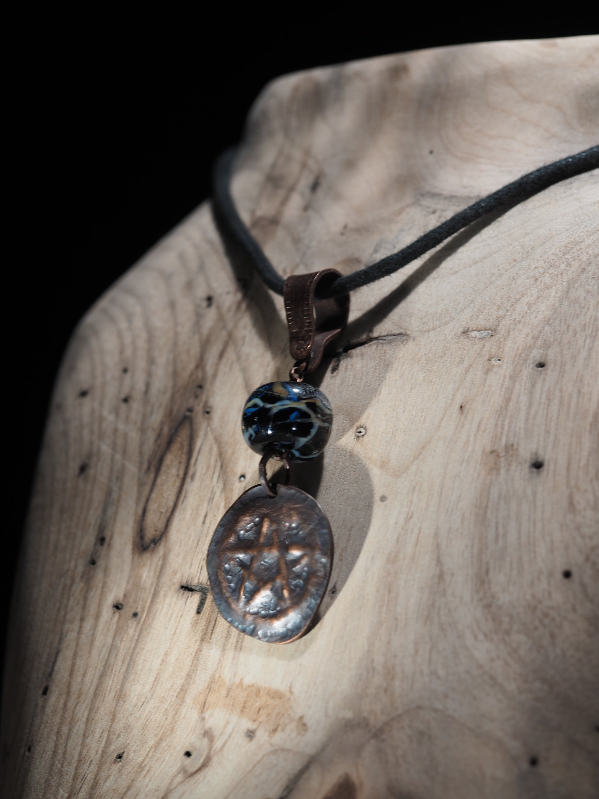 Handmade Copper Pentagram Pentacle Pendant, Black Glass Bead II