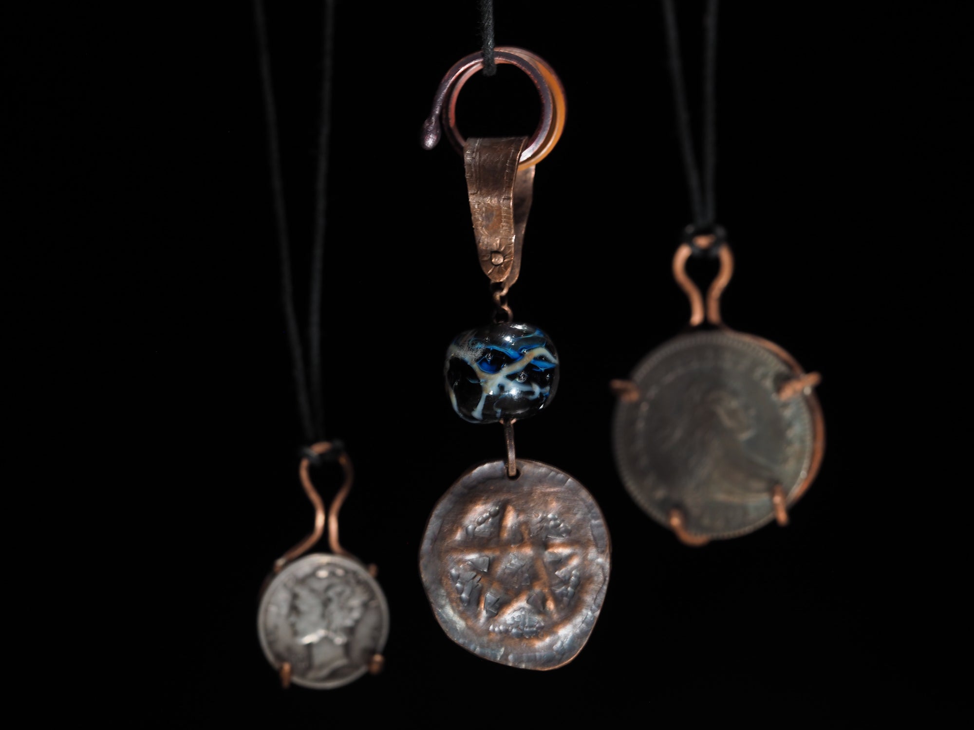 Handmade Copper Pentagram Pentacle Pendant, Black Glass Bead II