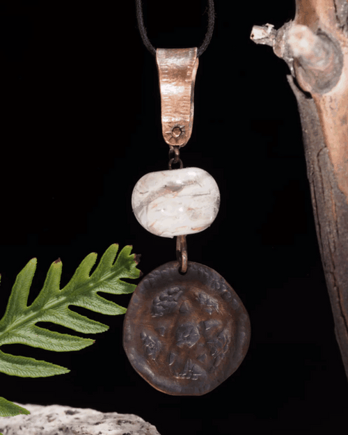 Handmade Copper Pentagram Pentacle Pendant, White Glass Bead I