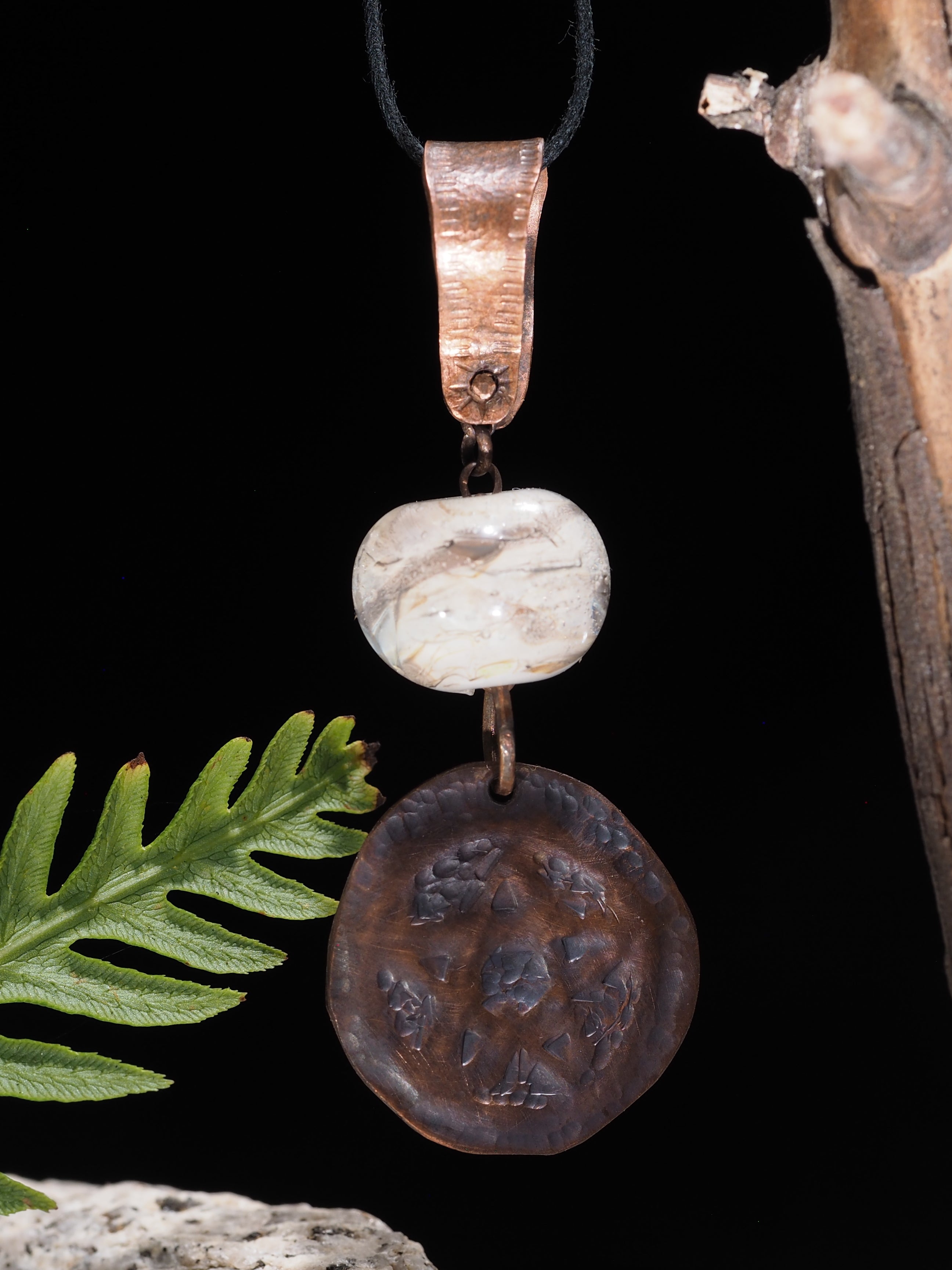 Handmade Copper Pentagram Pentacle Pendant, White Glass Bead I