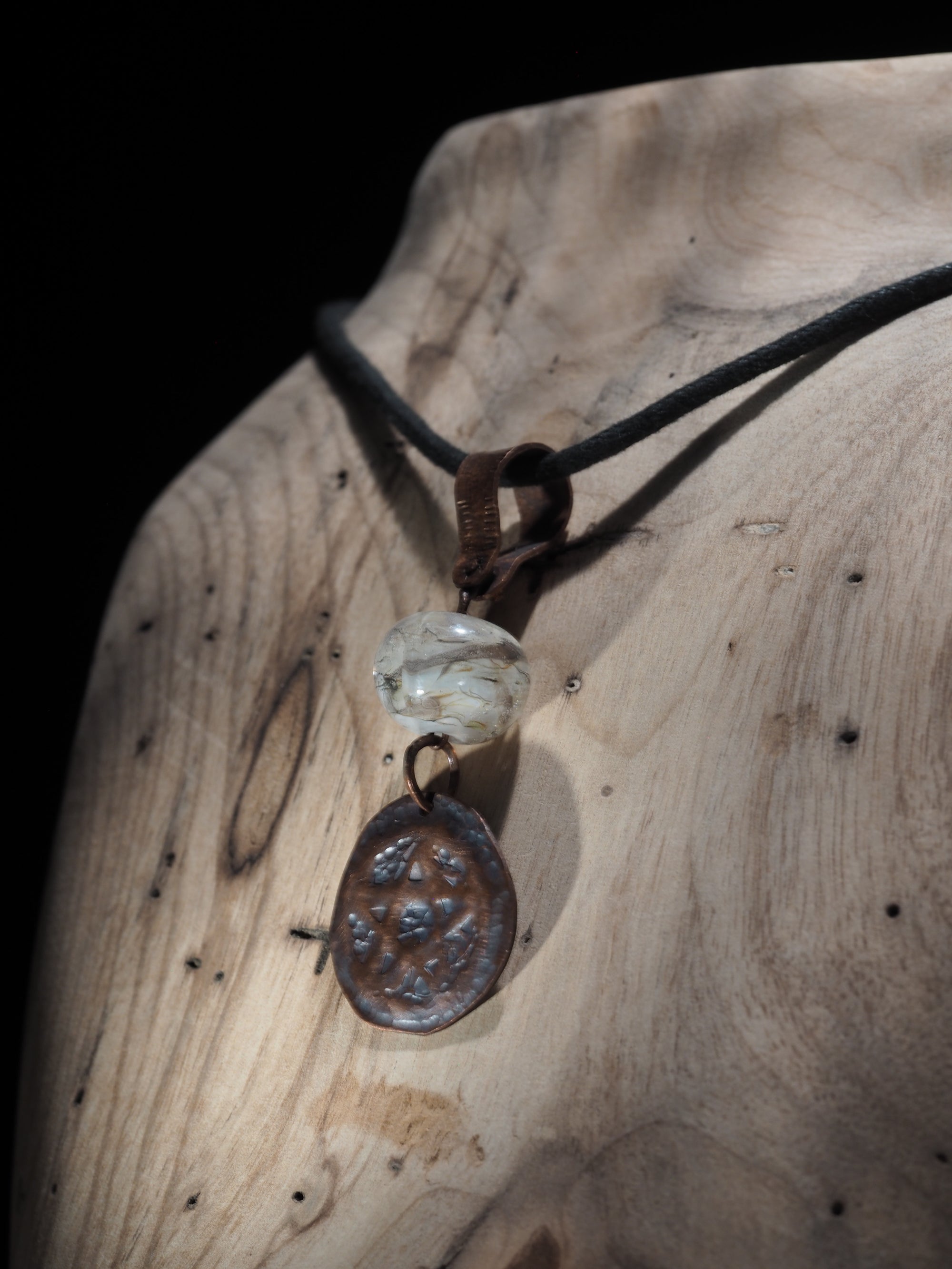 Handmade Copper Pentagram Pentacle Pendant, White Glass Bead I