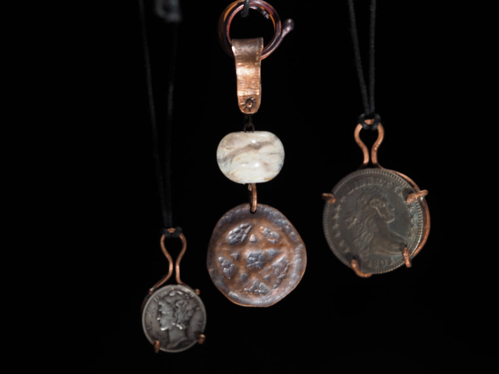 Handmade Copper Pentagram Pentacle Pendant, White Glass Bead I