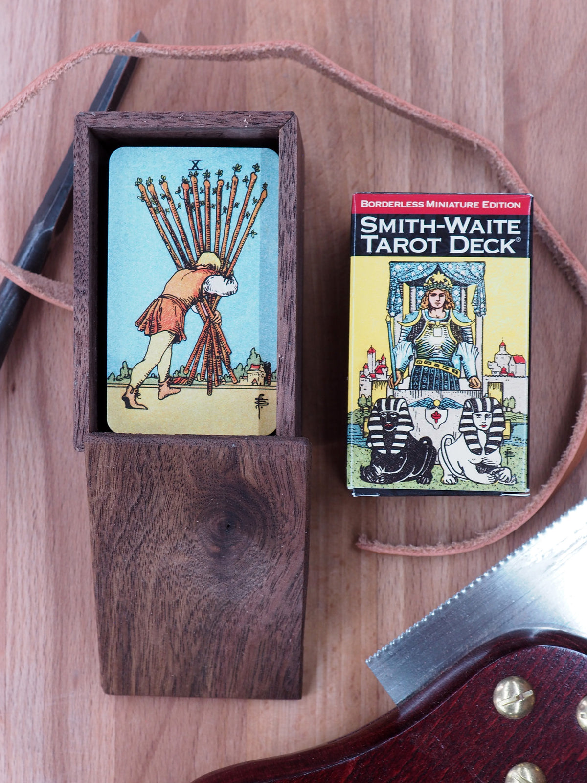 Handmade California Black Walnut Mini Tarot Deck Box Set w/ Borderless Mini Tarot Cards