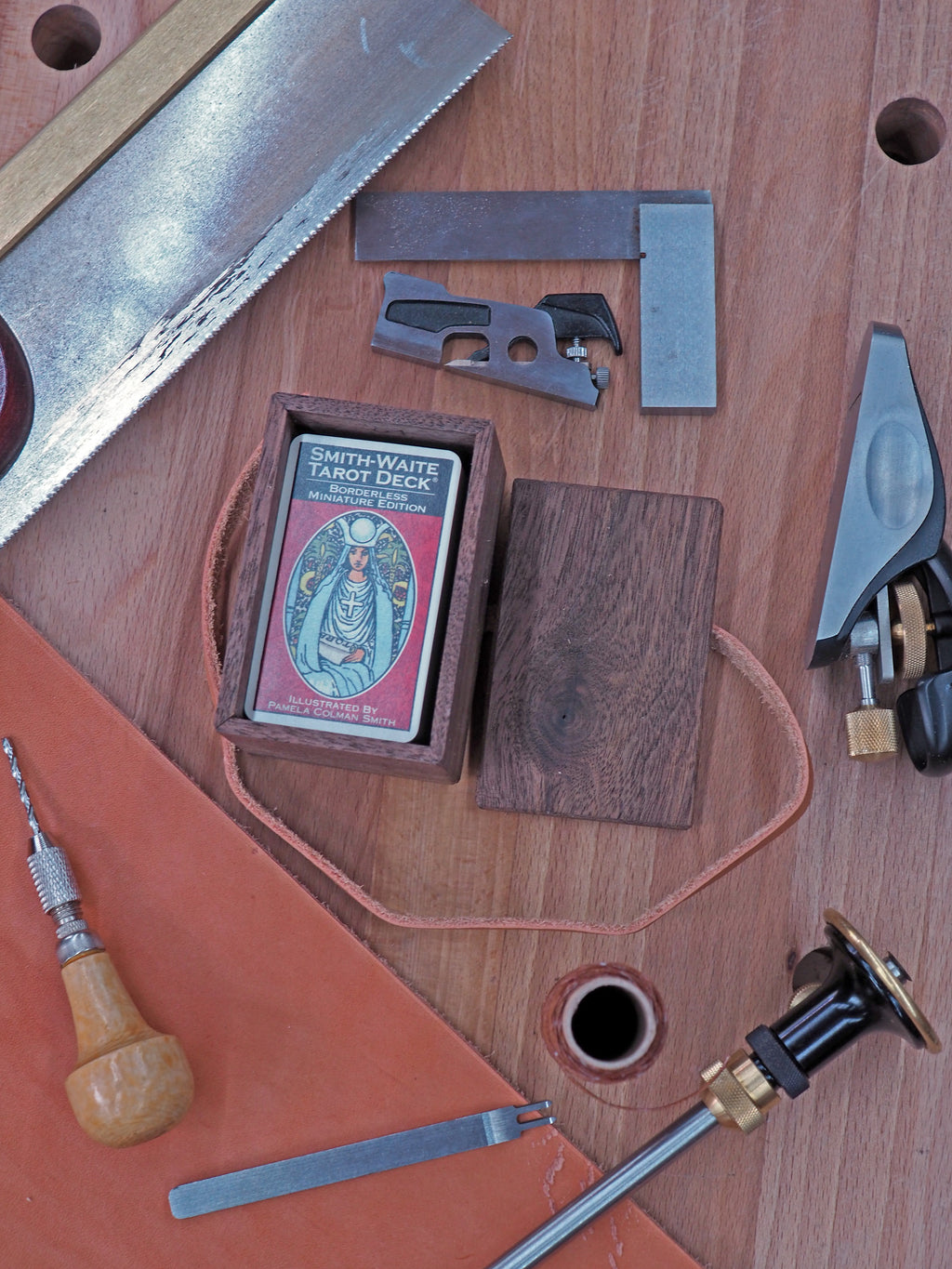 Handmade California Black Walnut Mini Tarot Deck Box Set w/ Borderless Mini Tarot Cards