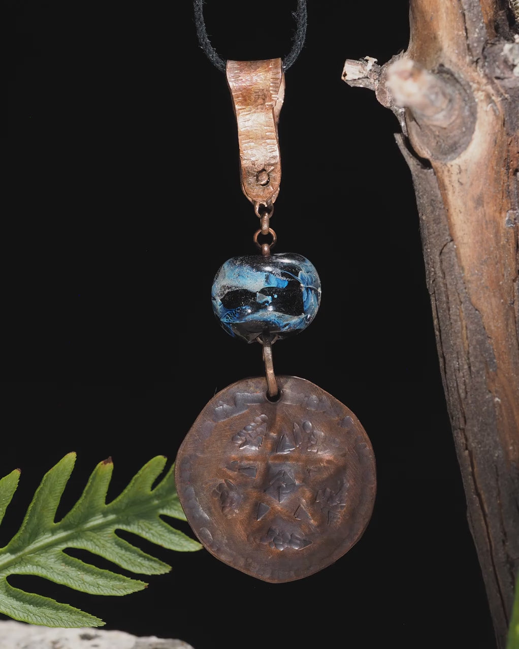 Handmade Copper Pentagram Pentacle Pendant, Black Glass Bead I