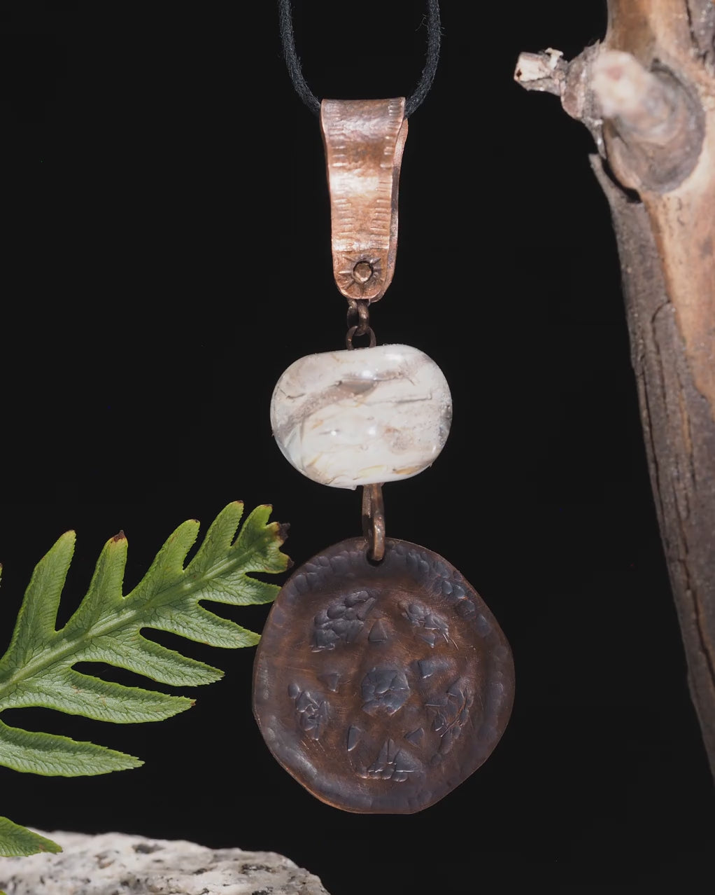 Handmade Copper Pentagram Pentacle Pendant, White Glass Bead I