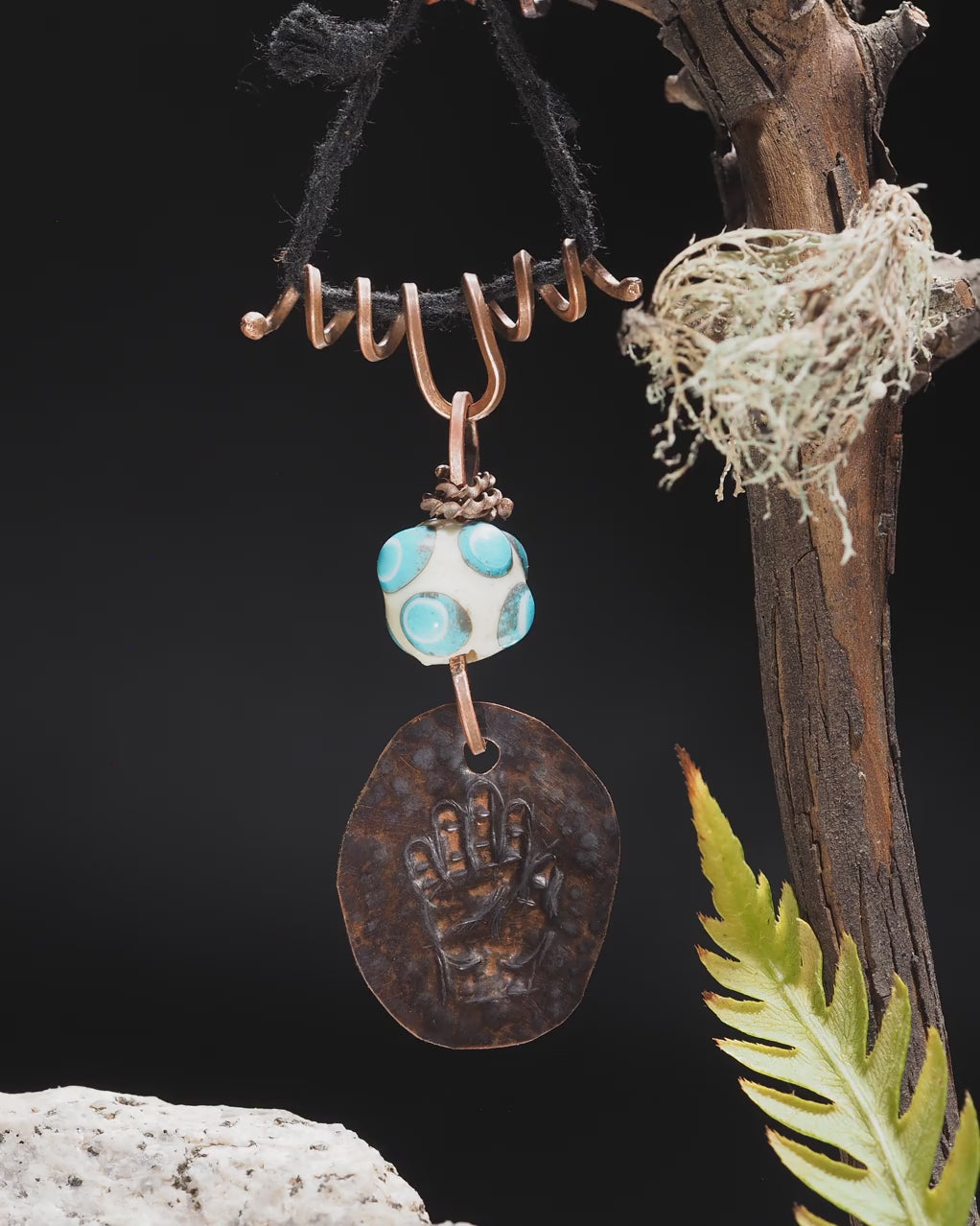 "Open Hand Many Eyes" Protective Amulet, Ivory and Teal I