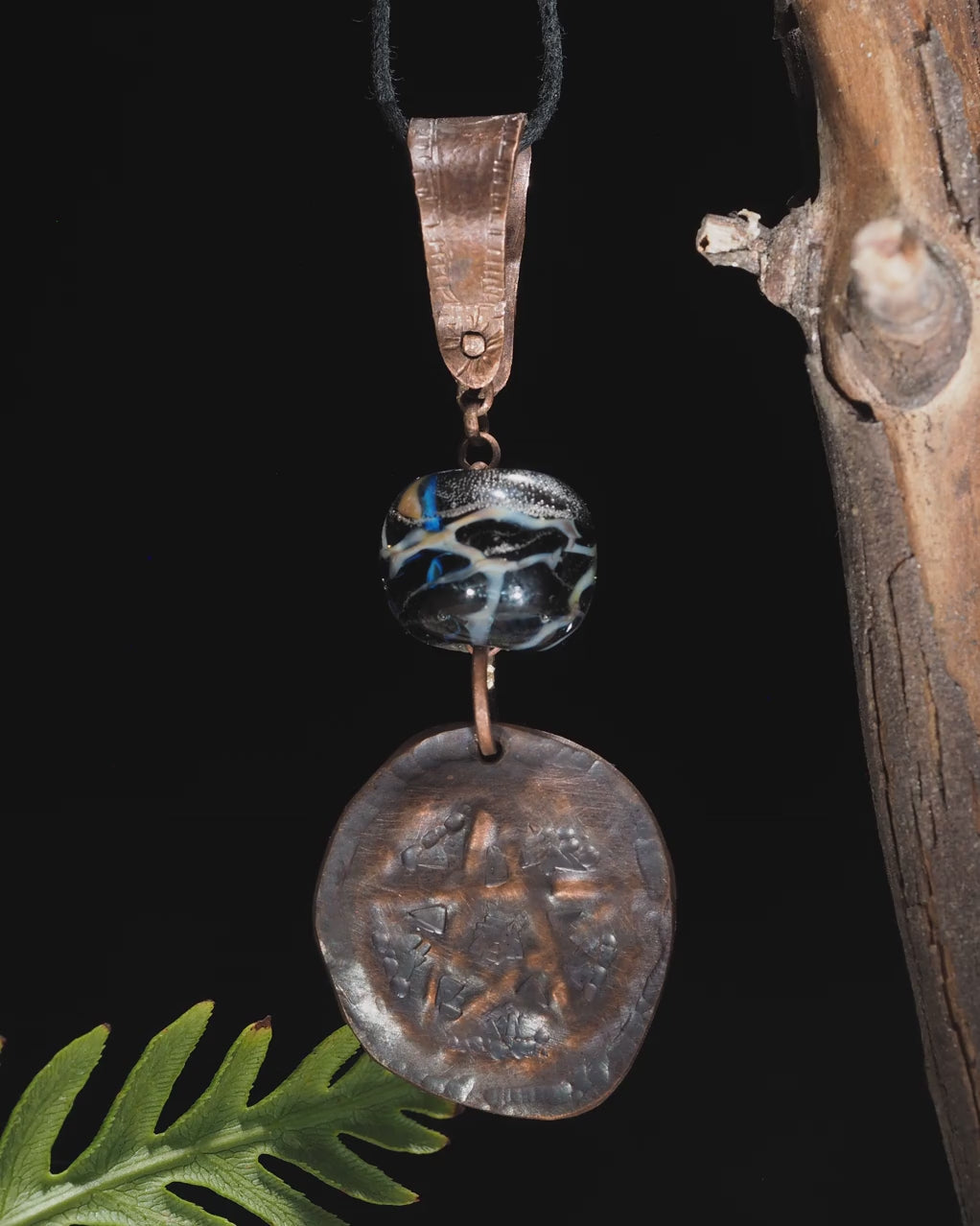 Handmade Copper Pentagram Pentacle Pendant, Black Glass Bead II