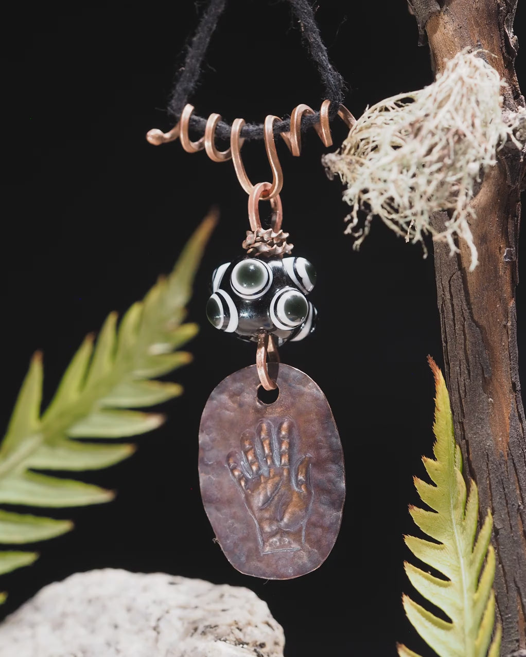 "Open Hand Many Eyes" Protective Amulet, Black and White I